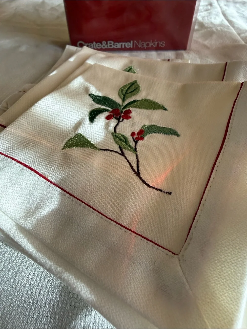 Crate&Barrel Christmas Cocktail Napkins with Green Leaf and Red Berry Embroidery